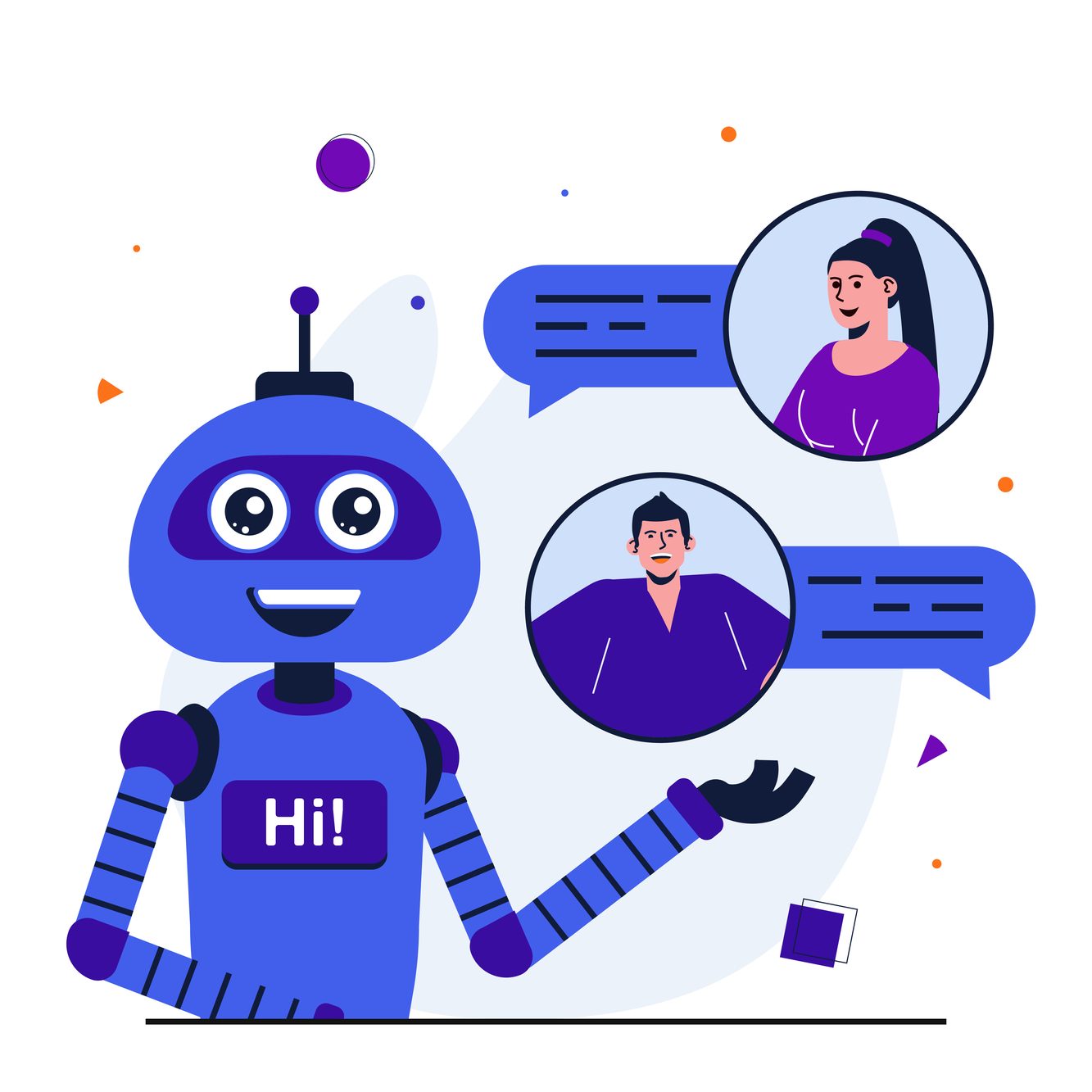 Virtual assistant modern flat concept for web banner design. Artificial intelligence robot responds to customer messages, helps and advises in app. Illustration with isolated people scene